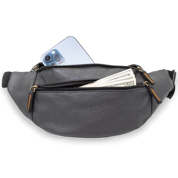 Black Genuine Leather Fanny Pack Large Multi Zippered Waist Bag Design Hip Purse - Picture 1 of 6